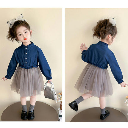 Girls Denim Dress Long Sleeve Mesh Splicing Dress Baby Girls Puffy Princess Dress