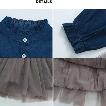 Girls Denim Dress Long Sleeve Mesh Splicing Dress Baby Girls Puffy Princess Dress