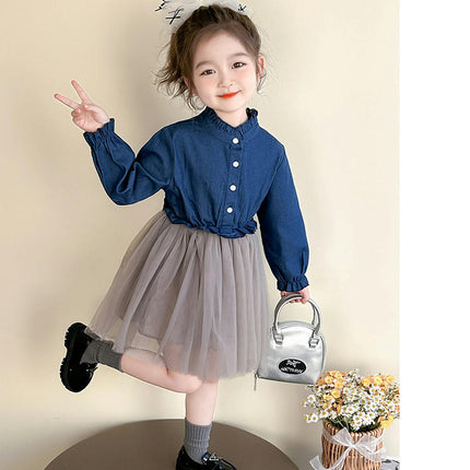 Girls Denim Dress Long Sleeve Mesh Splicing Dress Baby Girls Puffy Princess Dress