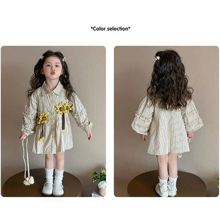 Girls Striped Long Sleeve Button Shirt Dress 3D Sunflower Fashion Dress