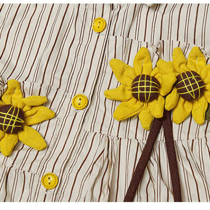 Girls Striped Long Sleeve Button Shirt Dress 3D Sunflower Fashion Dress
