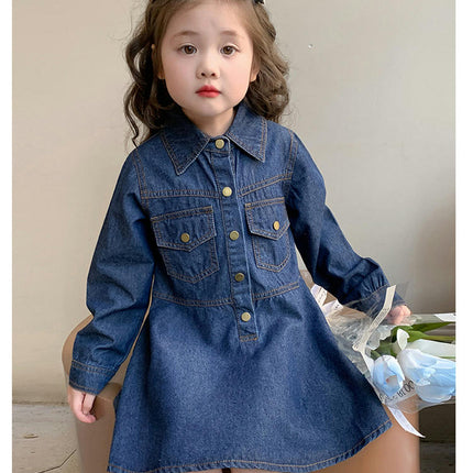 Girls Denim Dress Spring and Autumn Style Lapel Long Sleeve Button Dress