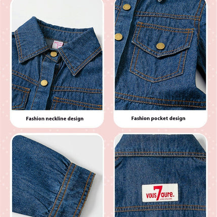 Girls Denim Dress Spring and Autumn Style Lapel Long Sleeve Button Dress