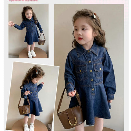 Girls Denim Dress Spring and Autumn Style Lapel Long Sleeve Button Dress