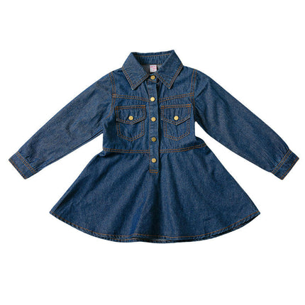 Girls Denim Dress Spring and Autumn Style Lapel Long Sleeve Button Dress