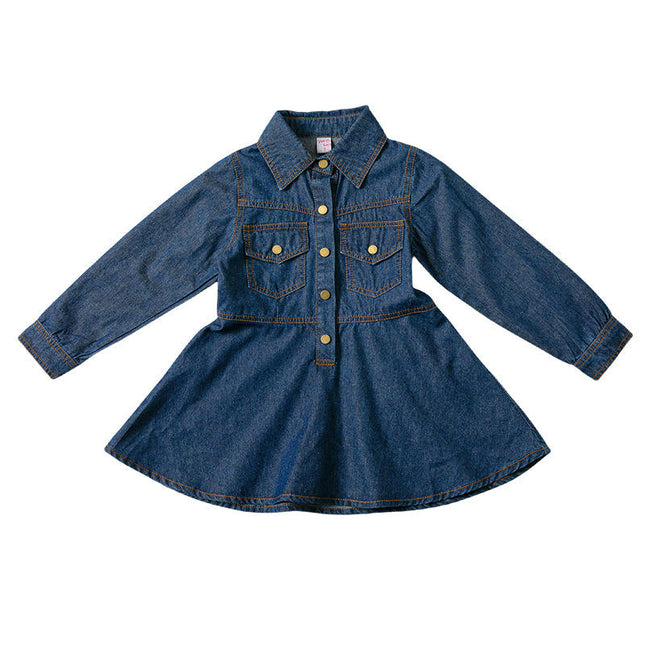 Girls Denim Dress Spring and Autumn Style Lapel Long Sleeve Button Dress