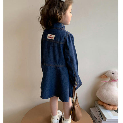 Girls Denim Dress Spring and Autumn Style Lapel Long Sleeve Button Dress