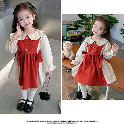 Girls Dress Spring and Autumn Doll Collar Long Sleeve Color Matching Dress