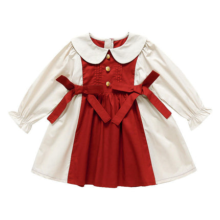 Girls Dress Spring and Autumn Doll Collar Long Sleeve Color Matching Dress