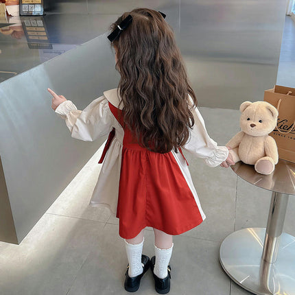 Girls Dress Spring and Autumn Doll Collar Long Sleeve Color Matching Dress