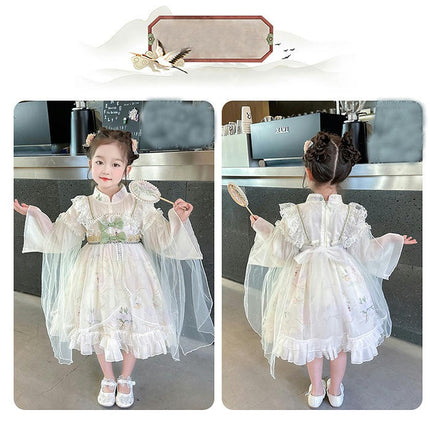 Girls Spring and Autumn Stand-up Collar Dress Oversized Cuffs Flowing Hanfu Dress