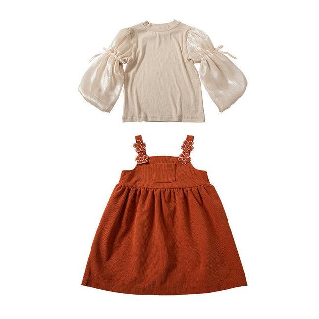 Girls Dress Set Long Sleeve Top 3D Flower Suspender Skirt Two-piece Set