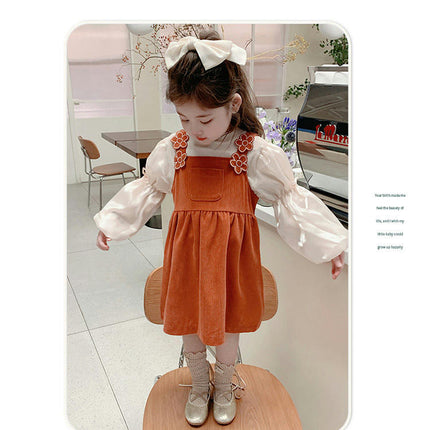 Girls Dress Set Long Sleeve Top 3D Flower Suspender Skirt Two-piece Set