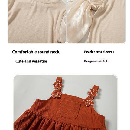 Girls Dress Set Long Sleeve Top 3D Flower Suspender Skirt Two-piece Set