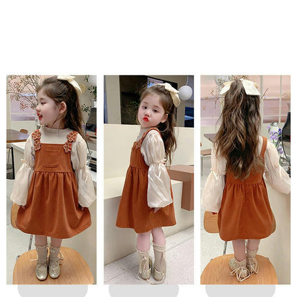 Girls Dress Set Long Sleeve Top 3D Flower Suspender Skirt Two-piece Set