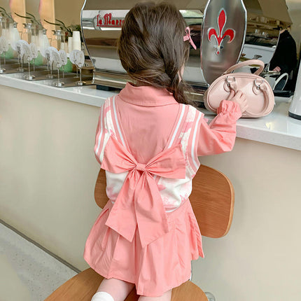 Girls Dress Set Spring and Autumn Sweet Children's Vest Shirt Collar Dress 2-Piece Set