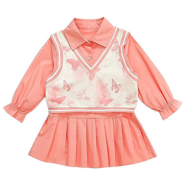 Girls Dress Set Spring and Autumn Sweet Children's Vest Shirt Collar Dress 2-Piece Set