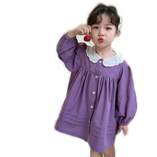 Girls Lace Shirt Dress Spring and Autumn Baby Girl Long-sleeved Cardigan Dress