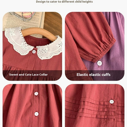 Girls Lace Shirt Dress Spring and Autumn Baby Girl Long-sleeved Cardigan Dress