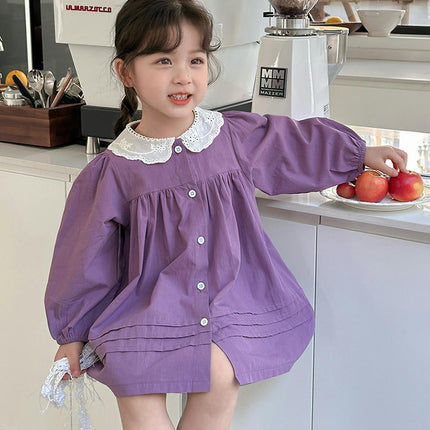 Girls Lace Shirt Dress Spring and Autumn Baby Girl Long-sleeved Cardigan Dress