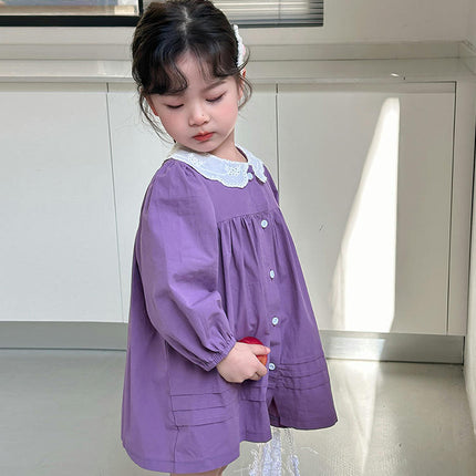Girls Lace Shirt Dress Spring and Autumn Baby Girl Long-sleeved Cardigan Dress