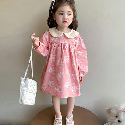 Girls Cotton Dress Spring Pastoral Floral Children's Long Sleeve Princess Dress