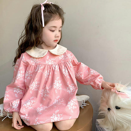 Girls Cotton Dress Spring Pastoral Floral Children's Long Sleeve Princess Dress