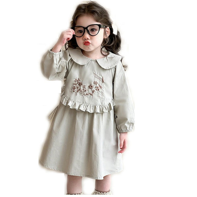 Girls Solid Color Dress-Vintage Long Sleeve Embroidered Baby Collar Princess Dress