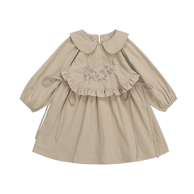 Girls Solid Color Dress-Vintage Long Sleeve Embroidered Baby Collar Princess Dress