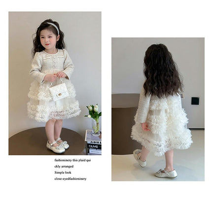 Girls' Chanel Style Dress Spring and Autumn Long-sleeved Mesh Splicing Tutu Skirt