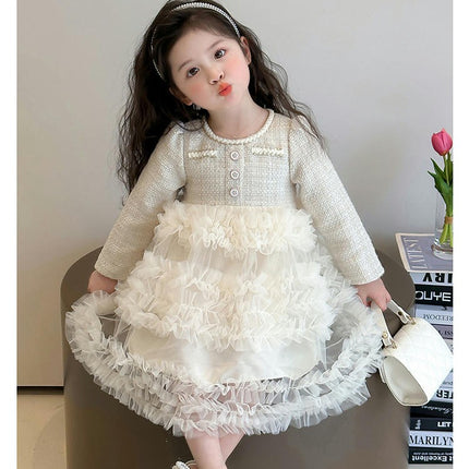 Girls' Chanel Style Dress Spring and Autumn Long-sleeved Mesh Splicing Tutu Skirt