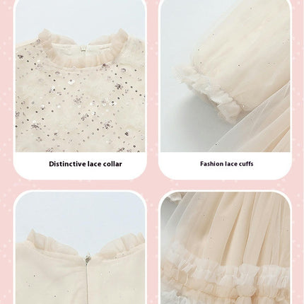 Girls Mesh Dress Ruffle Collar Long Sleeves Ruffle Lace Birthday Princess Dress