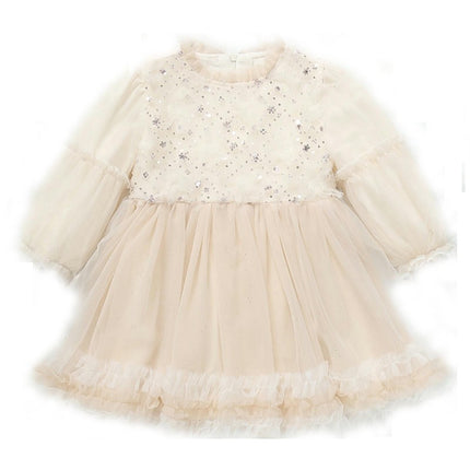 Girls Mesh Dress Ruffle Collar Long Sleeves Ruffle Lace Birthday Princess Dress