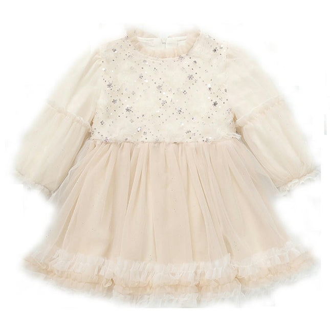 Girls Mesh Dress Ruffle Collar Long Sleeves Ruffle Lace Birthday Princess Dress
