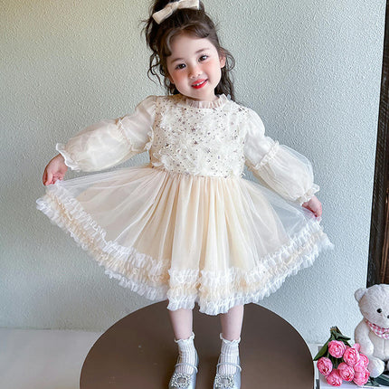 Girls Mesh Dress Ruffle Collar Long Sleeves Ruffle Lace Birthday Princess Dress