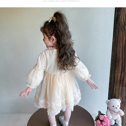 Girls Mesh Dress Ruffle Collar Long Sleeves Ruffle Lace Birthday Princess Dress