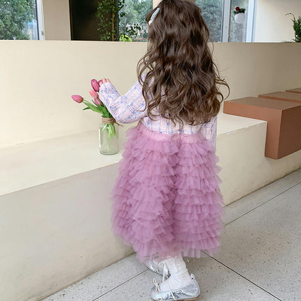 Girls Toddler Round Neck Long Sleeve Splicing Mesh Puffy Princess Dress