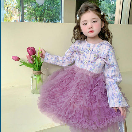 Girls Toddler Round Neck Long Sleeve Splicing Mesh Puffy Princess Dress