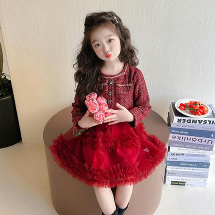 Girls' long-sleeved dress with Chanel style mesh princess dress