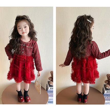 Girls' long-sleeved dress with Chanel style mesh princess dress