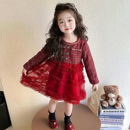 Girls' long-sleeved dress with Chanel style mesh princess dress