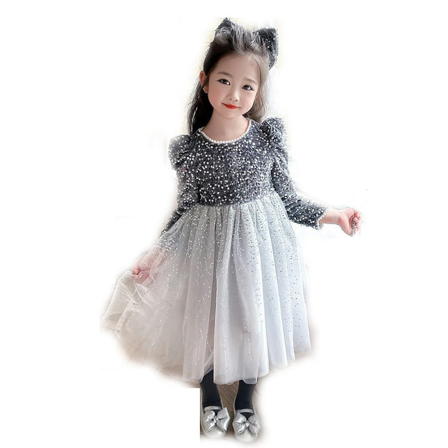 Girls' Long-sleeved Sequined Mesh Princess Dress-Autumn Birthday Party Dress