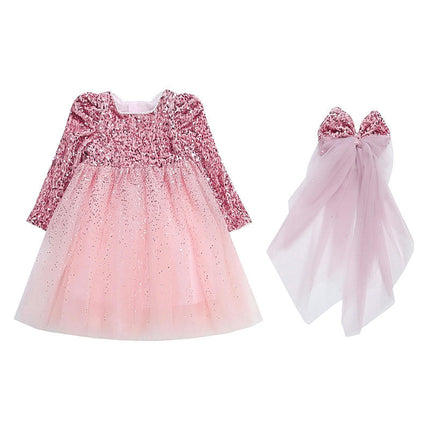Girls' Long-sleeved Sequined Mesh Princess Dress-Autumn Birthday Party Dress