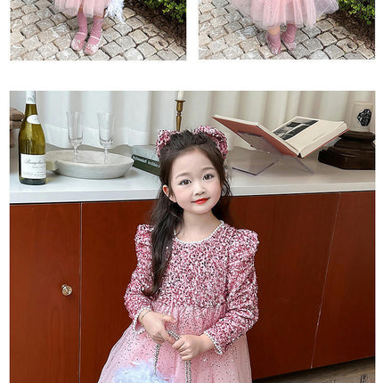 Girls' Long-sleeved Sequined Mesh Princess Dress-Autumn Birthday Party Dress