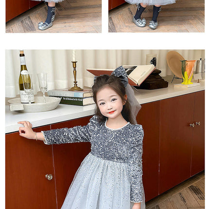 Girls' Long-sleeved Sequined Mesh Princess Dress-Autumn Birthday Party Dress