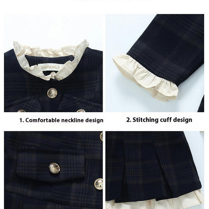 Children's Plaid Long-Sleeved Dress Spring Chanel Style Pleated Skirt