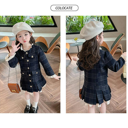 Children's Plaid Long-Sleeved Dress Spring Chanel Style Pleated Skirt
