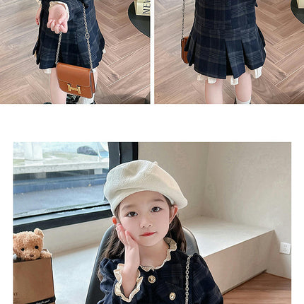 Children's Plaid Long-Sleeved Dress Spring Chanel Style Pleated Skirt