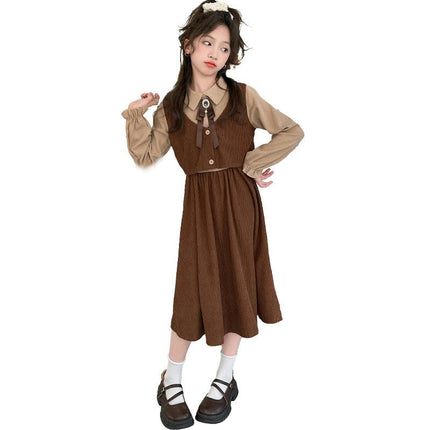 Middle and Large Kids Dress-Peter Pan Collar Long Sleeve Colorblock Dress