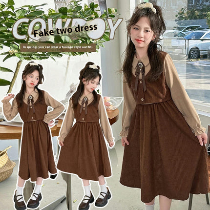Middle and Large Kids Dress-Peter Pan Collar Long Sleeve Colorblock Dress